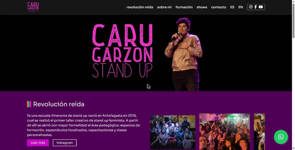 Portada del sitio de Caru Garzón, comediante y docente de stand-up.