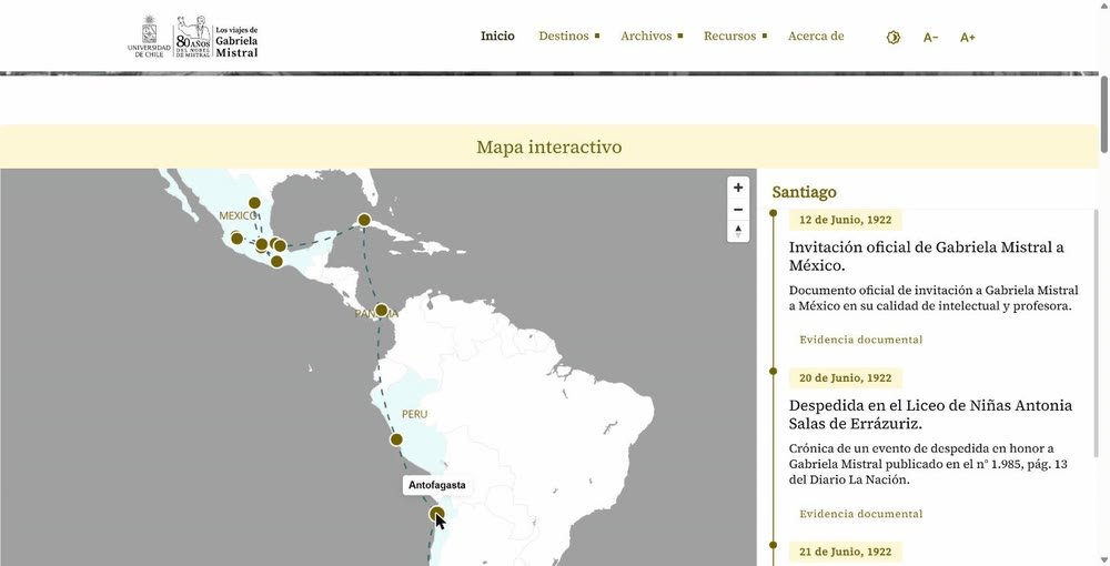 Mapa interactivo de Los viajes de Gabriela Mistral con su línea de tiempo.